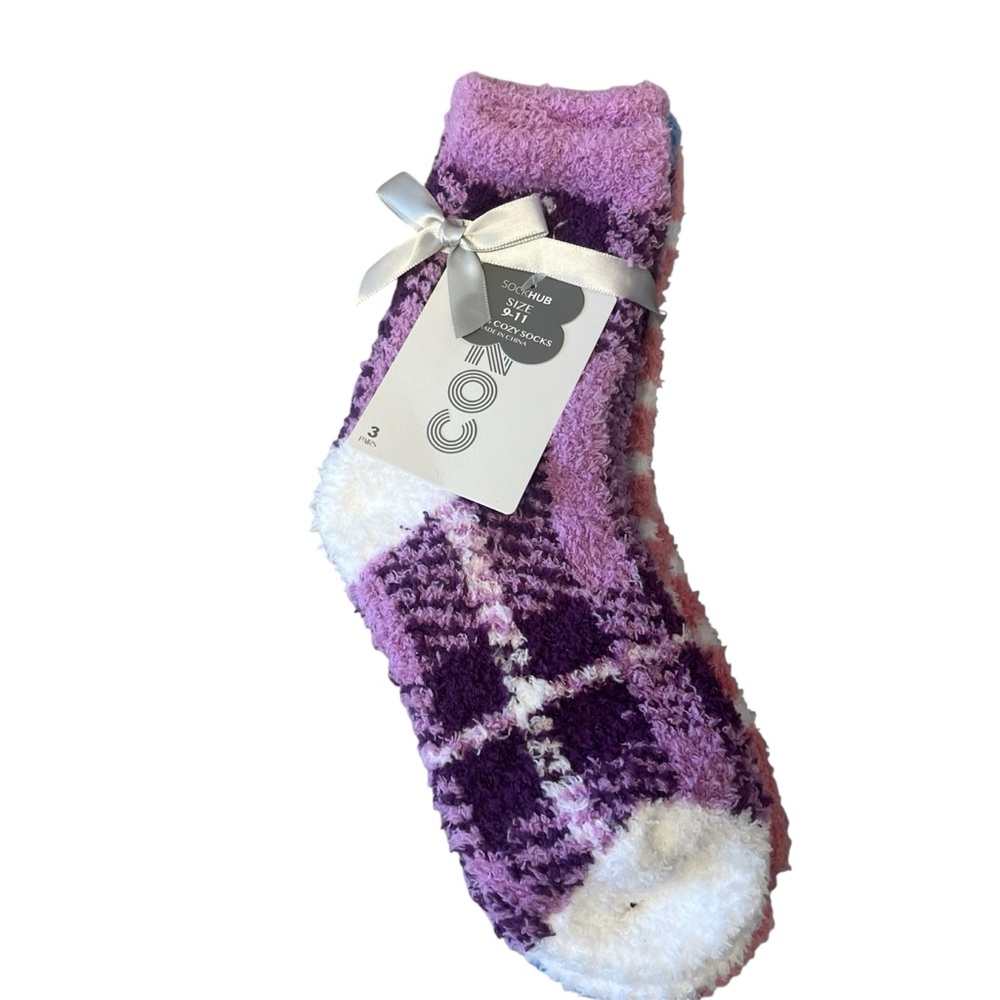 COZY Purple & White, Blue & Peach Set of 3  Fuzzy Socks  Slipper Socks Sz 9-11